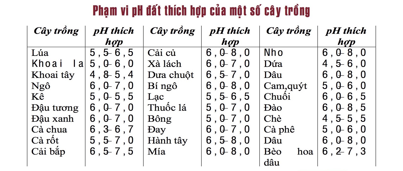 Các loại đất và độ pH đặc trưng của chúng